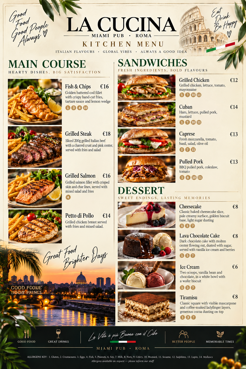 Printed kitchen menu: main course, sandwiches and dessert