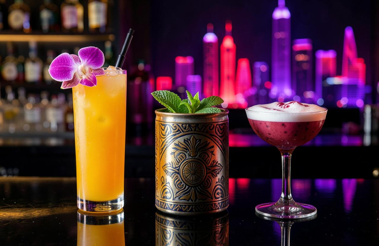 Three signature Miami cocktails against a neon skyline