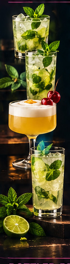 Mojito and whiskey sour on a dark bar