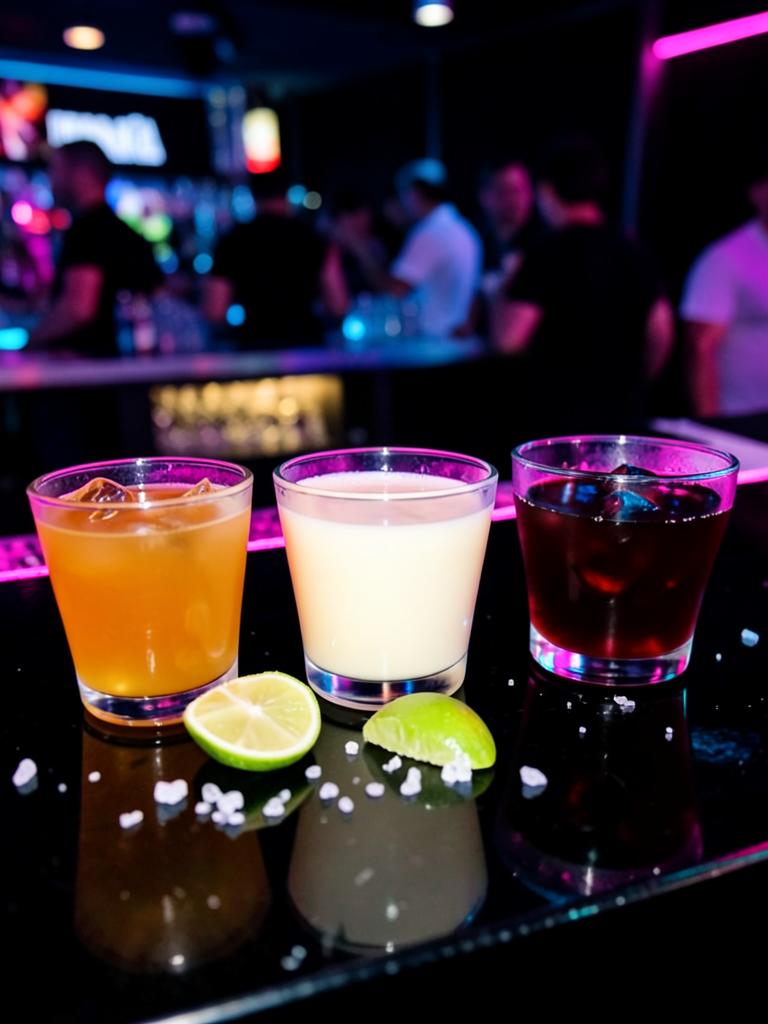 Line of assorted shots on a neon-lit bar
