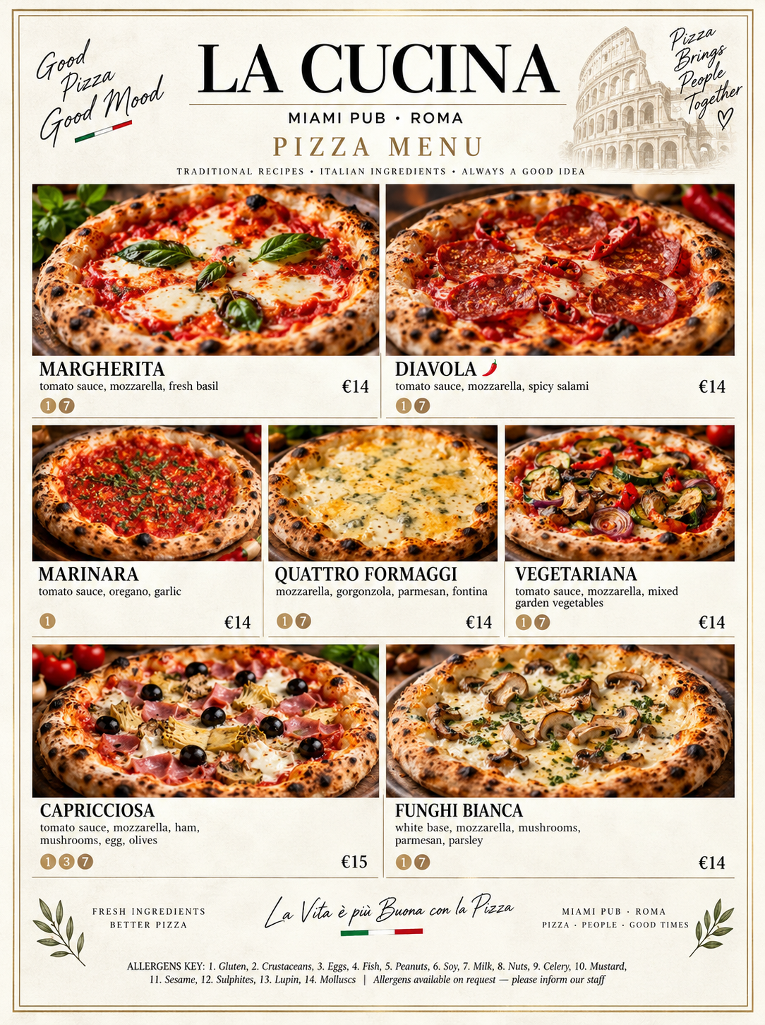 Printed pizza menu