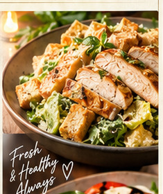 Chicken Caesar salad with croutons and Parmigiano