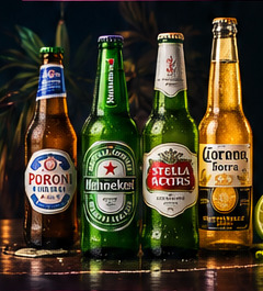 Bottles of Peroni, Heineken, Stella Artois and Corona