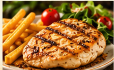 Grilled chicken breast with fries and salad