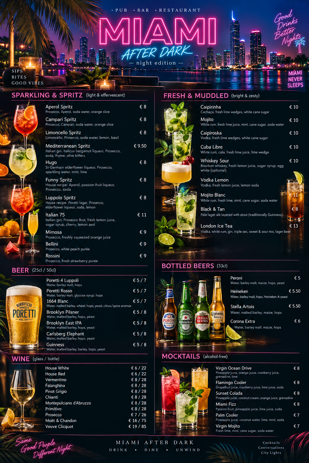 Printed Miami After Dark drinks menu