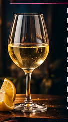 Glass of chilled white wine with lemon