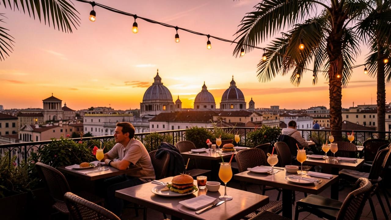 Rome rooftop terrace at golden hour with cocktails and burgers on the tables