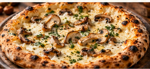 White mushroom pizza with parmesan and parsley