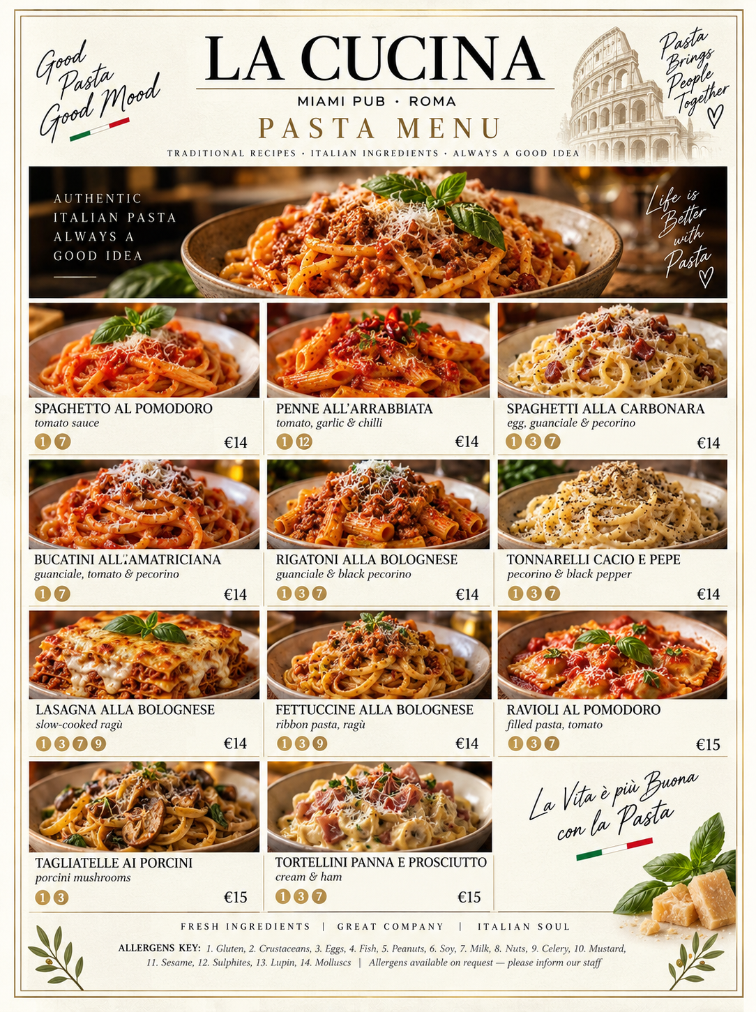 Printed pasta menu