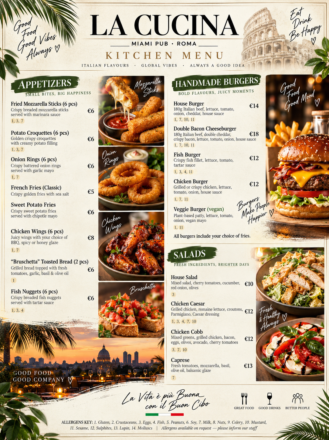 Printed kitchen menu: appetizers, handmade burgers and salads