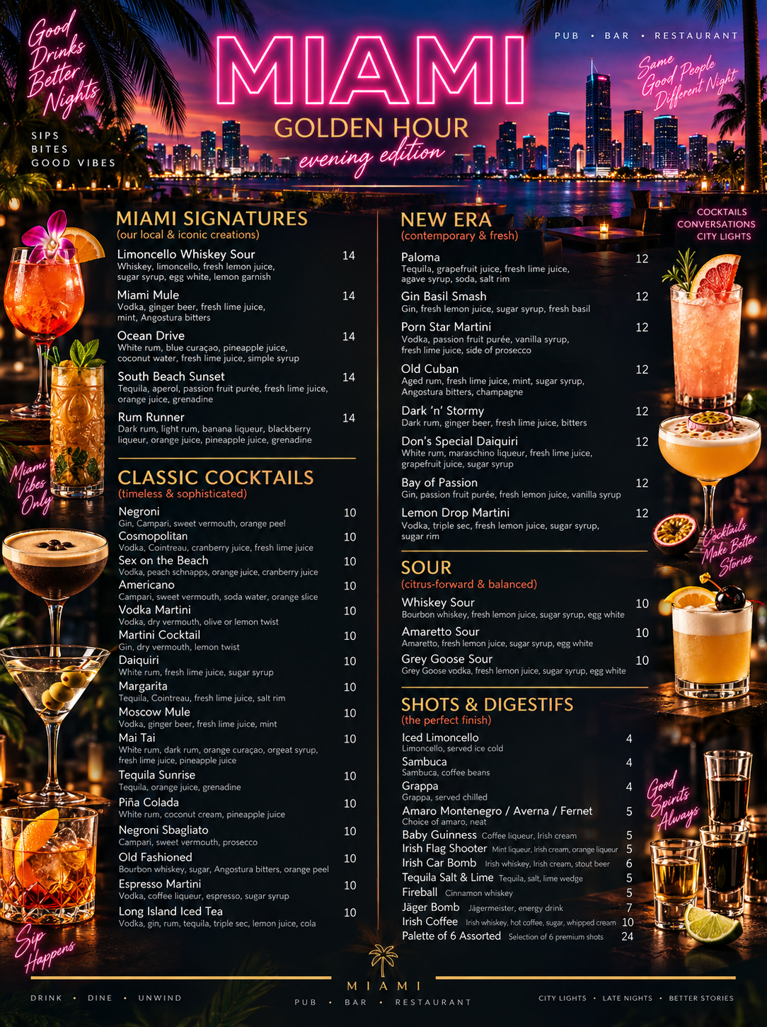 Printed Miami Golden Hour cocktail menu